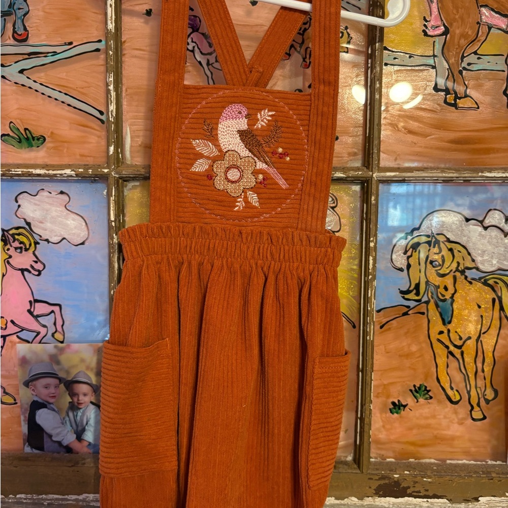 Rust Kids Overalls with Bird Design